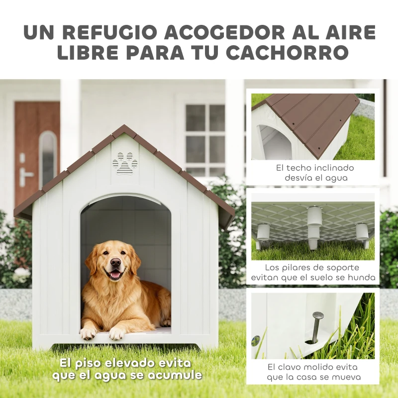 PawHut Caseta para Perros Exterior Casa para Perros Grandes de Plástico con 2 Ventanas Base Elevada Estacas Marrón Oscuro