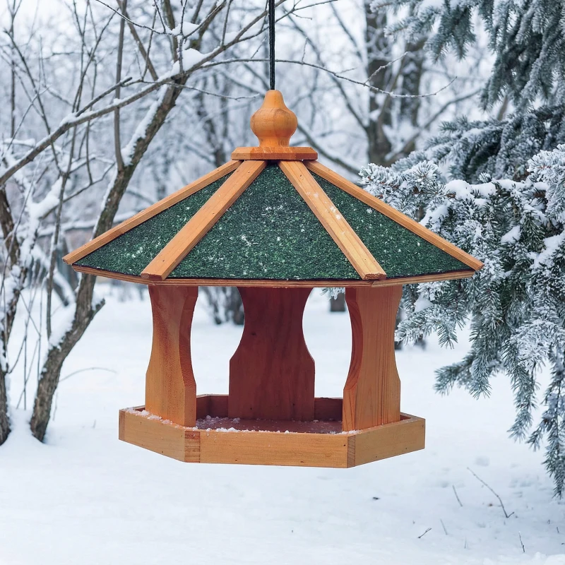 PawHut Mangeoire à oiseaux en bois avec toit imperméable, nichoir suspendu pour extérieur, 40 x 40 x 35 cm