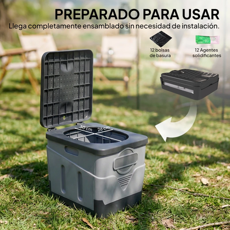 Outsunny Inodoro Portátil WC Portátil de PP con 12 Paquetes de Agente Solidificante y 12 Bolsas Carga 100kg Exterior Gris Oscuro