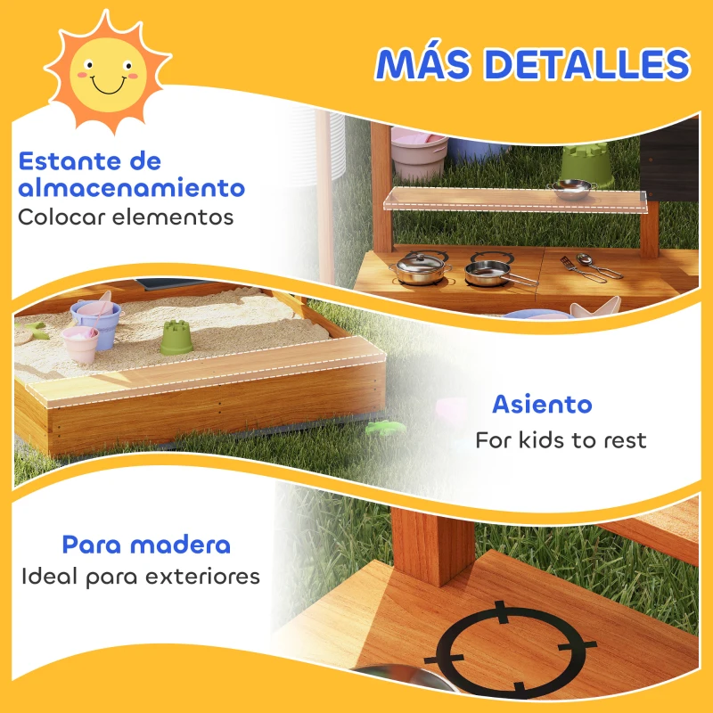 Outsunny Arenero de Madera para Niños con Techo Regulable con Juguetes de Cocina Juego para Niños 3-7 Años 114x110x110 cm Marrón