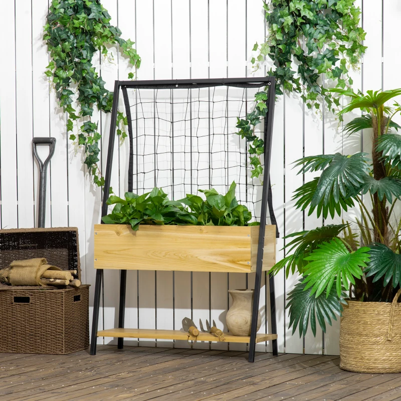 Outsunny Jardinière sur pieds avec étagère inférieure et treillis filet pour plantes et fleurs - dim. 80L x 30l x 125H cm