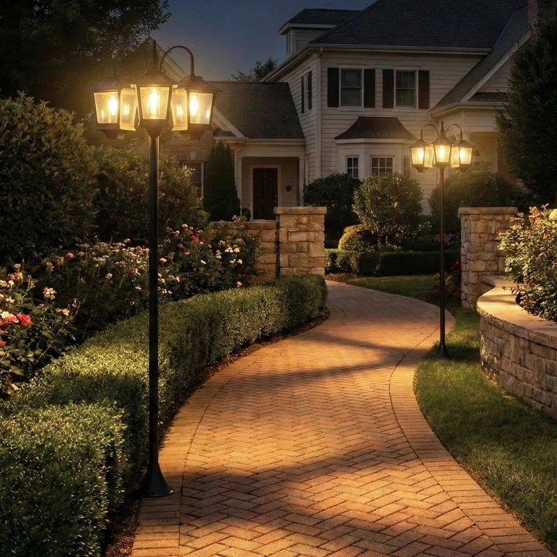 Outsunny Lampadaire extérieur solaire à 3 têtes, lampadaire jardin, éclairage LED, capteur automatique crépuscule à l'aube, noir