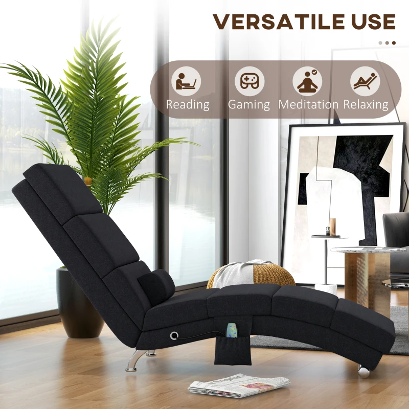 HOMCOM Fotel relaksacyjny elektryczny z funkcją masażu, ogrzewaniem, wibracjami, regulacją pozycji, poduszką lędźwiową, boczną kieszenią i pilotem. Idealny do salonu, czarny, w stylu lnianym