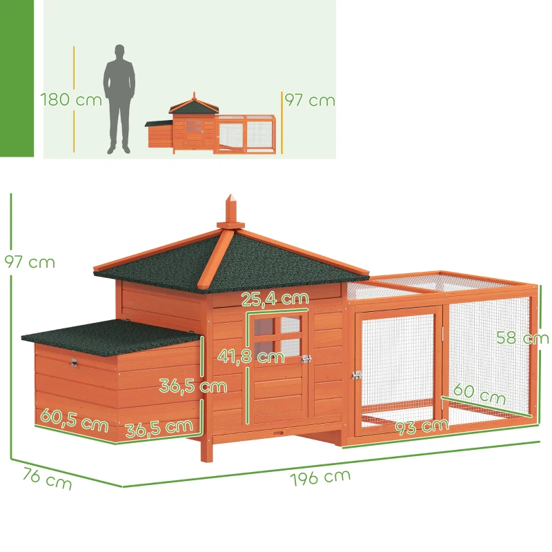 PawHut Gallinero de Madera Exterior Jaula para Gallinas con Nidos Corral Bandeja Extraíble Tapa Abatible 196x76x97 cm Naranja