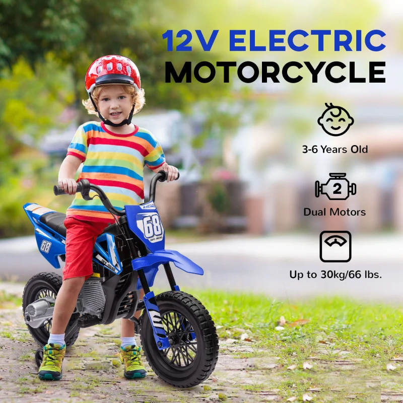 AIYAPLAY 12V Kids Electric Motorbike, Kids Electric Ride on Motorcycle, Battery Powered Toy with Twist Grip Throttle, Training Wheels, Suspension System, Music, for Ages 3-6 Years - Blue