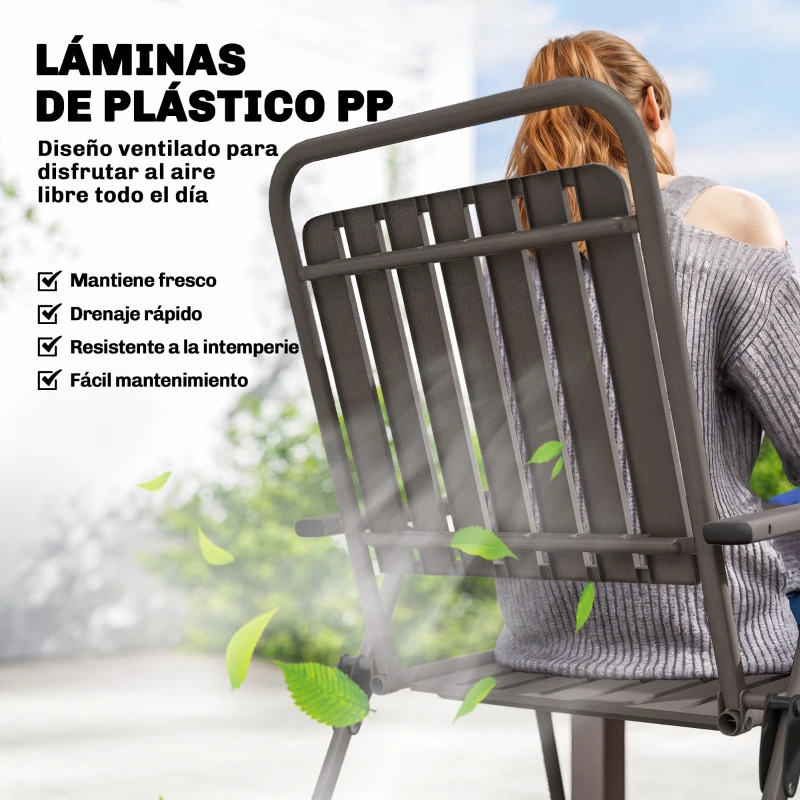 Outsunny Juego de 4 Sillas de Jardín Exterior Plegables con Reposabrazos Respaldo y Asiento Marco Metálico 55x63x93 cm Marrón