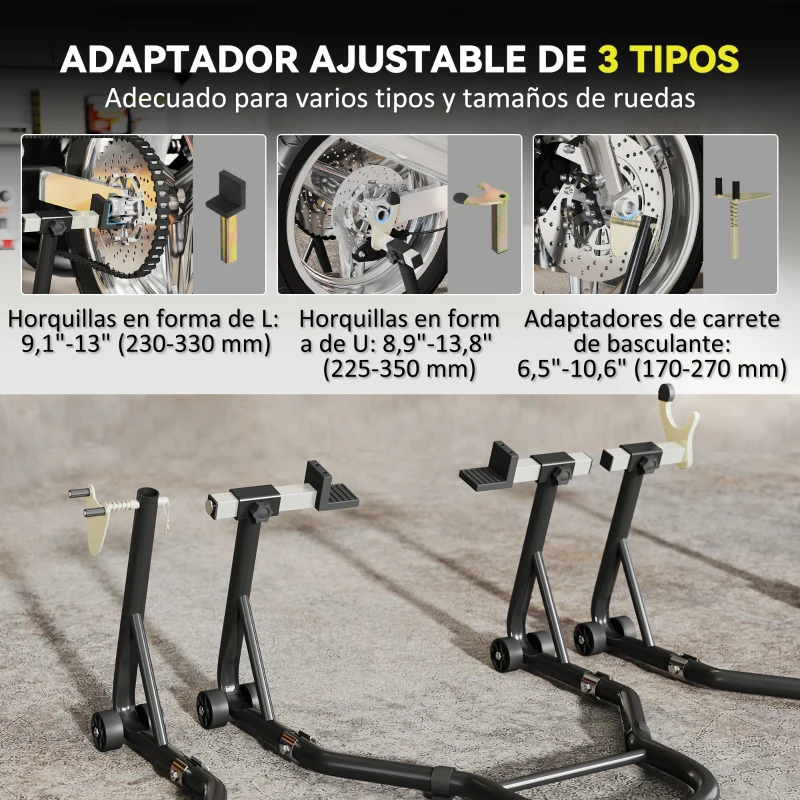 HOMCOM Caballete de Moto Carga 390 kg Soporte Delantero y Trasera Universal Elevador de Moto de Acero con Ruedas Negro