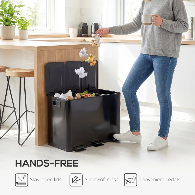 HOMCOM 3 x 15L Pedal Bin, Steel Triple Kitchen Bin with Soft Close Lid, Removable Inner Buckets, Fingerprint-Proof, Black