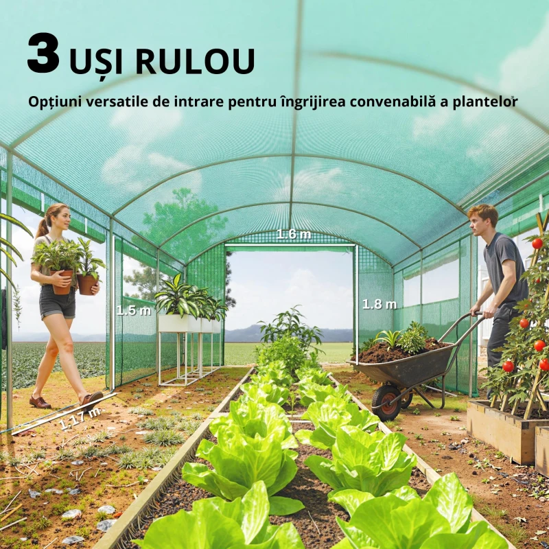 Outsunny Seră tip tunel 6x3x2 m cu 3 uși derulante 6 ferestre cu plasă și structură din oțel galvanizat Verde