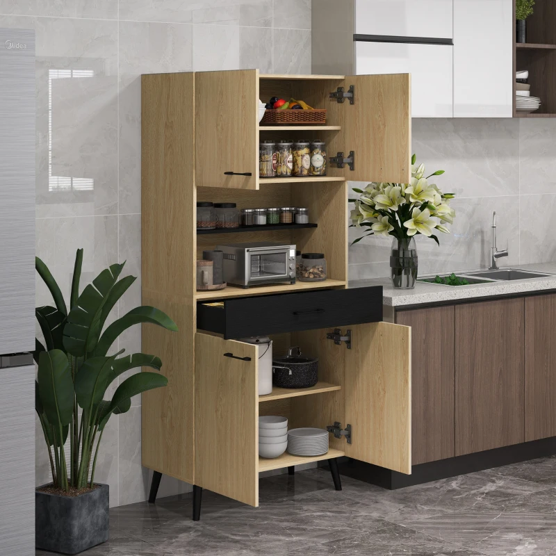 HOMCOM Armoire de cuisine multi-rangements avec tiroir 2 placards étagères réglables hauteur 178 cm noir et bois naturel