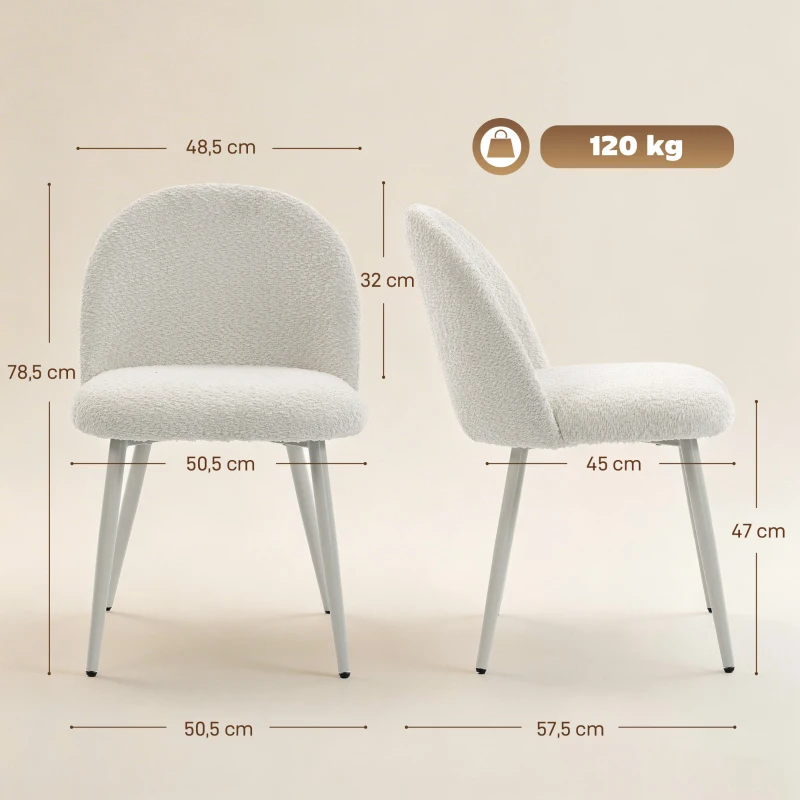 HOMCOM Esszimmerstühle, Küchenstühle, weich gepolstert mit Chenille, 50,5 x 57,5 x 78,5 cm, Cremeweiß