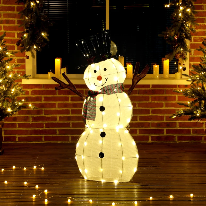 Outsunny Fröhliche Schneemann-Dekoration für Weihnachten, Außendekoration mit LED-Lichtern, Stahl, Polyester, Weiß+Schwarz