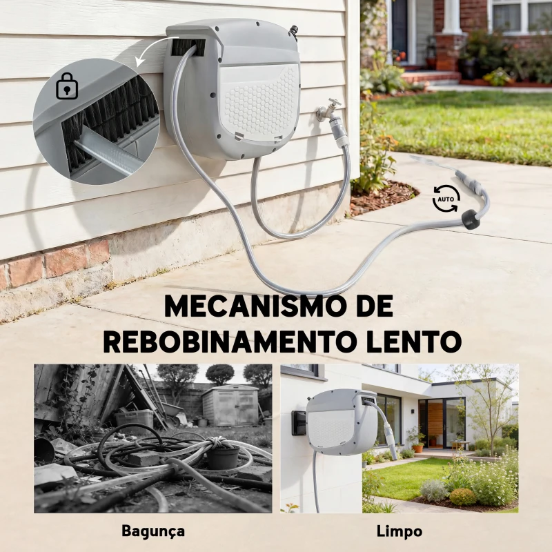 Outsunny Carretel de Mangueira para Jardim 10+1 m com Bico de 2 Modos Bloqueio Automático e Retracção Suporte Orientável 180° Cinza