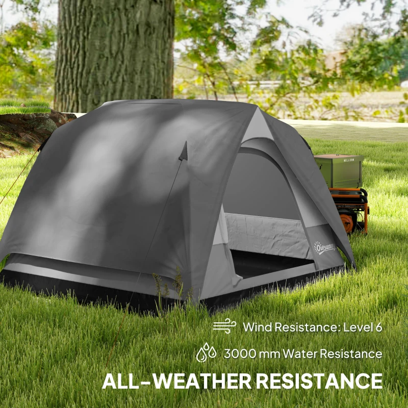 Outsunny 3-4 Person Camping Tent, Easy Set Up 3-4 Man Tent w/ Sewn-in Groundsheet, Waterproof Dome Tent w/ Mesh Windows, Grey