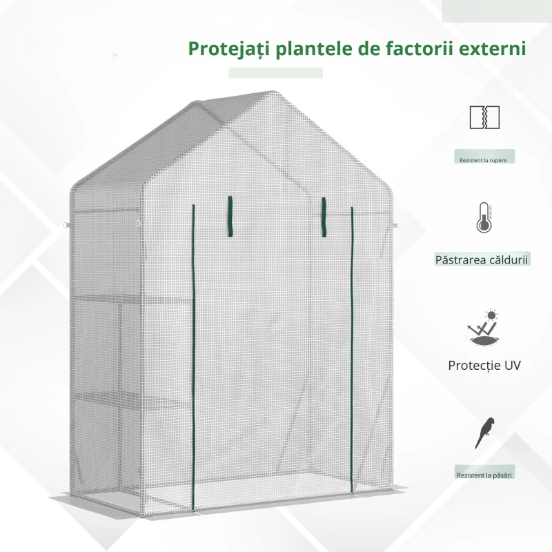 Outsunny Sera pentru Gradina pentru Exterior cu 2 Rafturi, Usa tip Rulou, 143x73x195cm, Alb