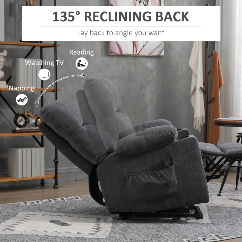 HOMCOM Fotel z funkcją podnoszenia dla seniora, funkcja leżenia, z pilotem, 144 cm x 91 cm x 88 cm, Ciemnoszary