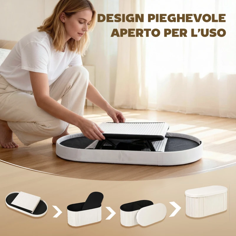 HOMCOM Pouf Contenitore Pieghevole con Vano da 72L e Rivestimento in Velluto, 76x38x35 cm, Crema