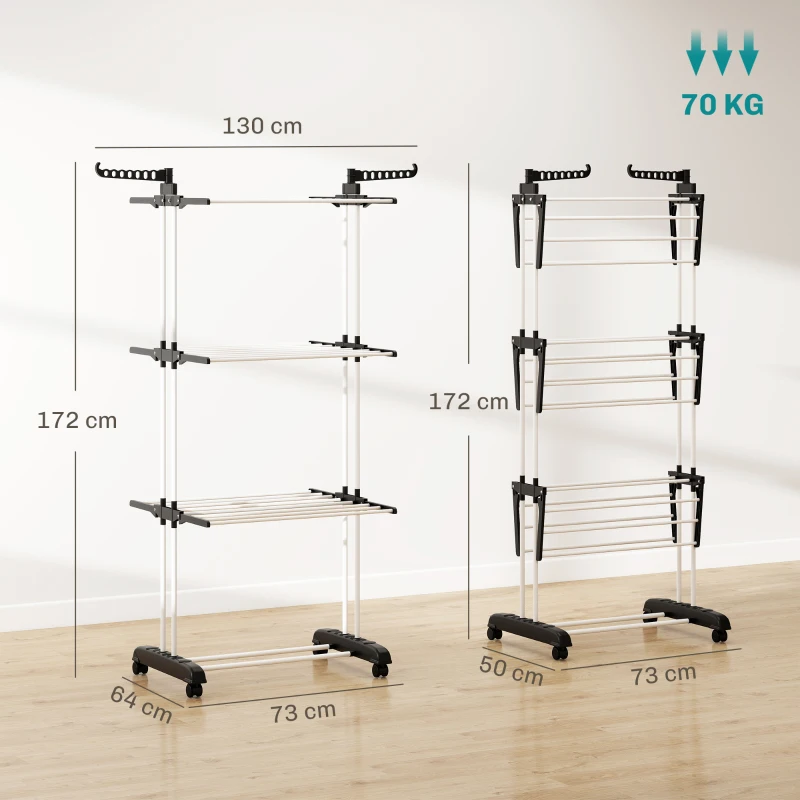 HOMCOM Estendal Dobrável para Roupa com Rodas Estendal Vertical de Aço com 3 Níveis Laterais Dobráveis 73x64x177cm Preto e Branco