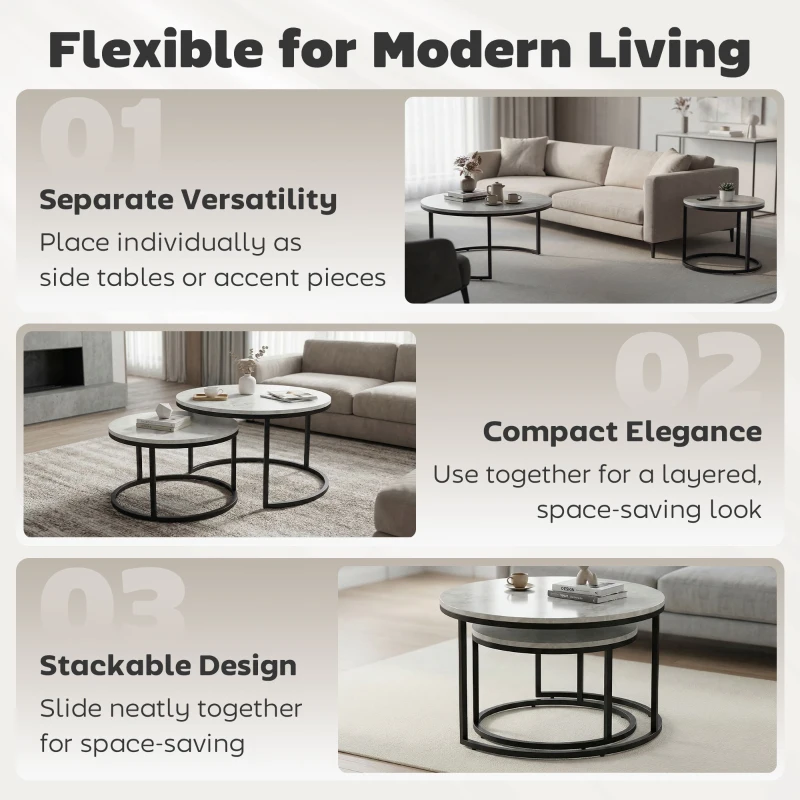 HOMCOM Set of Two Marble-Effect Stacking Tables - Wood Grey