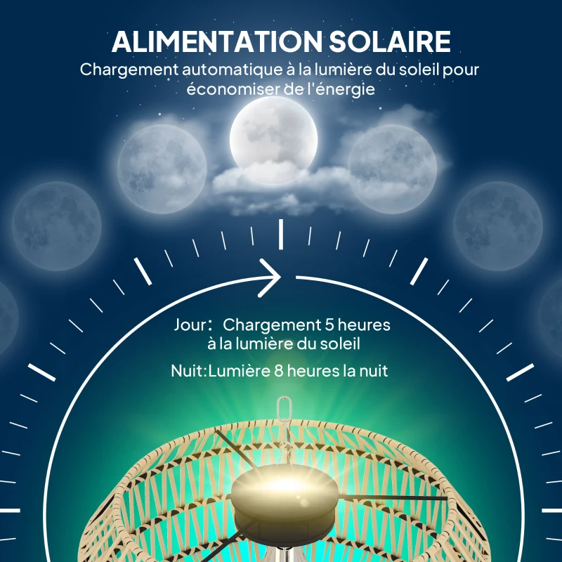 Outsunny Lampadaire solaire extérieur résine tressée, lampadaire bohème 178cm, capteur de lumière, éclairage automatique, jaune