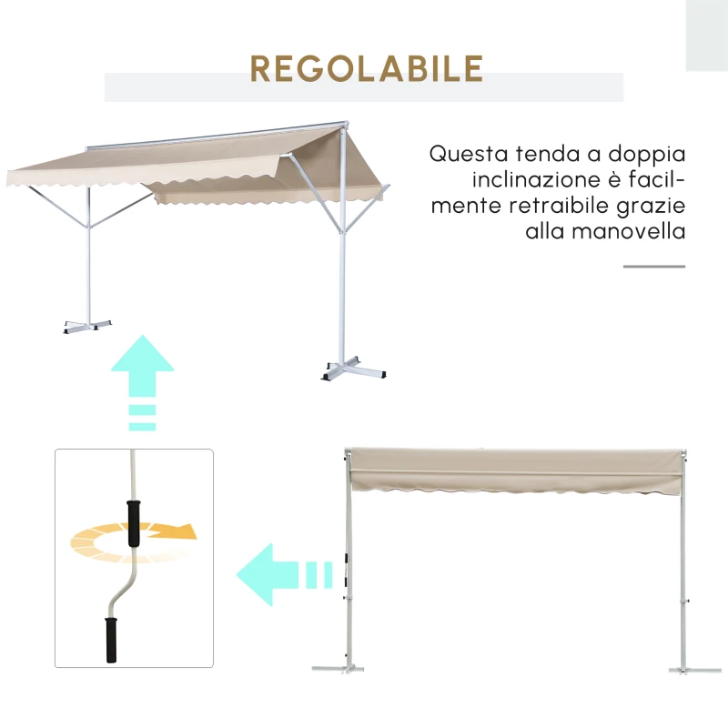 Outsunny Tenda Parasole a Doppia Pendenza 3 x 3 m, Retrattile Manualmente, Inclinazione Regolabile, Anti-UV, in Acciaio e Poliestere Impermeabile, Beige