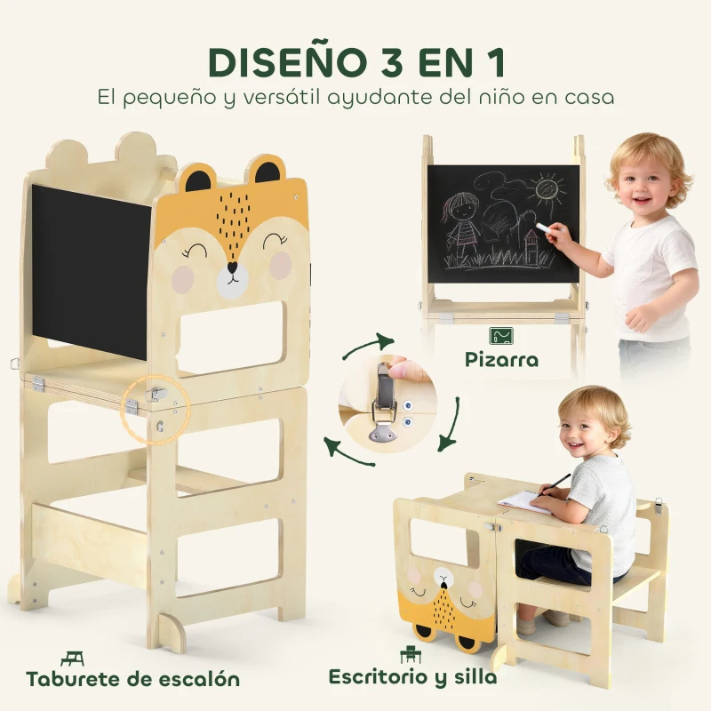 AIYAPLAY Torre de Aprendizaje 3 en 1 Plegable Convertible en Escritorio y Silla con Pizarra Dibujos de Zorros Natural