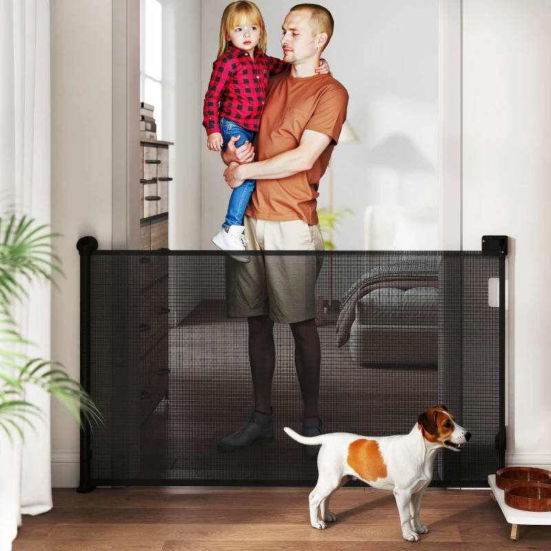 PawHut Barieră pentru câini retractabilă 0-140 cm Barieră de siguranță cu comutator de blocare pentru uși și scări Negru