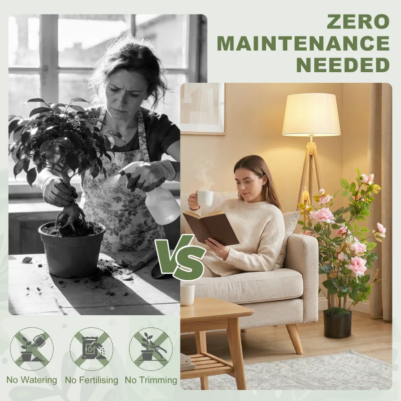 HOMCOM 90cm Artificial Rose Tree Set of 2, Decorative Fake Plant with 344 Silk Leaves 17 Flowers for Outdoor Indoor Decor, Pink