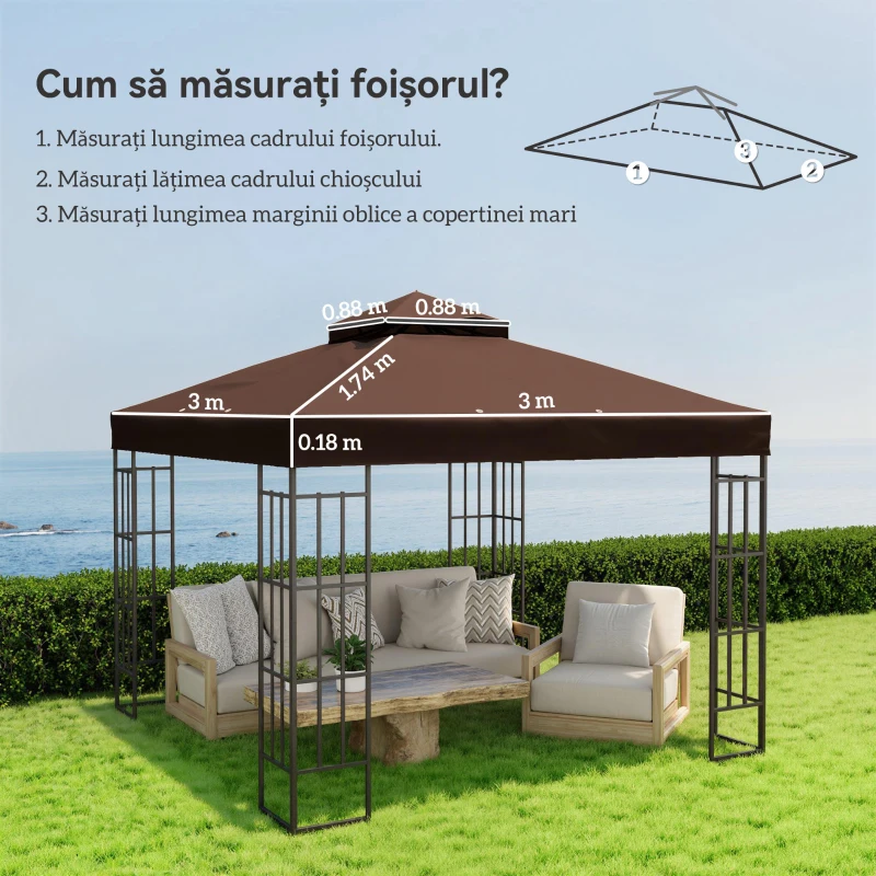 Outsunny Acoperiș de Schimb pentru Foișor 3x3 m cu 2 Niveluri pentru Grădină, Pânză Rezistentă la Apă din Țesătură Oxford 370g/㎡ Anti-UV 30+ cu Orificii de Drenaj, Cafea