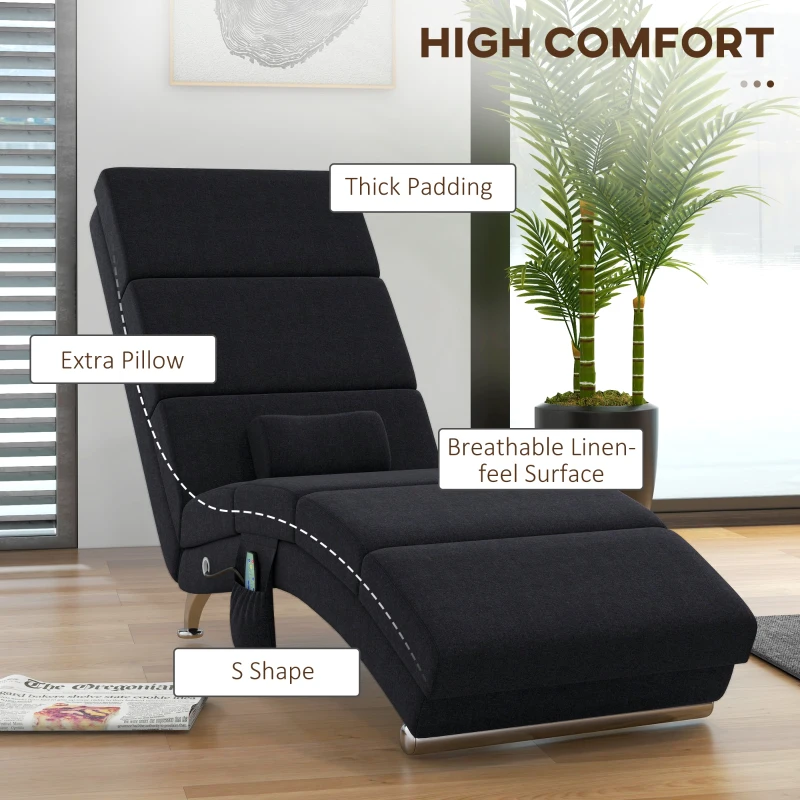 HOMCOM Fotel relaksacyjny elektryczny z funkcją masażu, ogrzewaniem, wibracjami, regulacją pozycji, poduszką lędźwiową, boczną kieszenią i pilotem. Idealny do salonu, czarny, w stylu lnianym