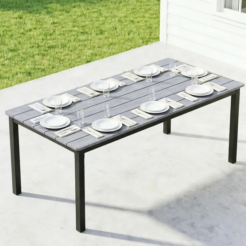 Outsunny Garden Dining Table for 6-8 Person, 180 x 86 cm Rectangular Outdoor Dining Table with Wood Slatted Top, Grey