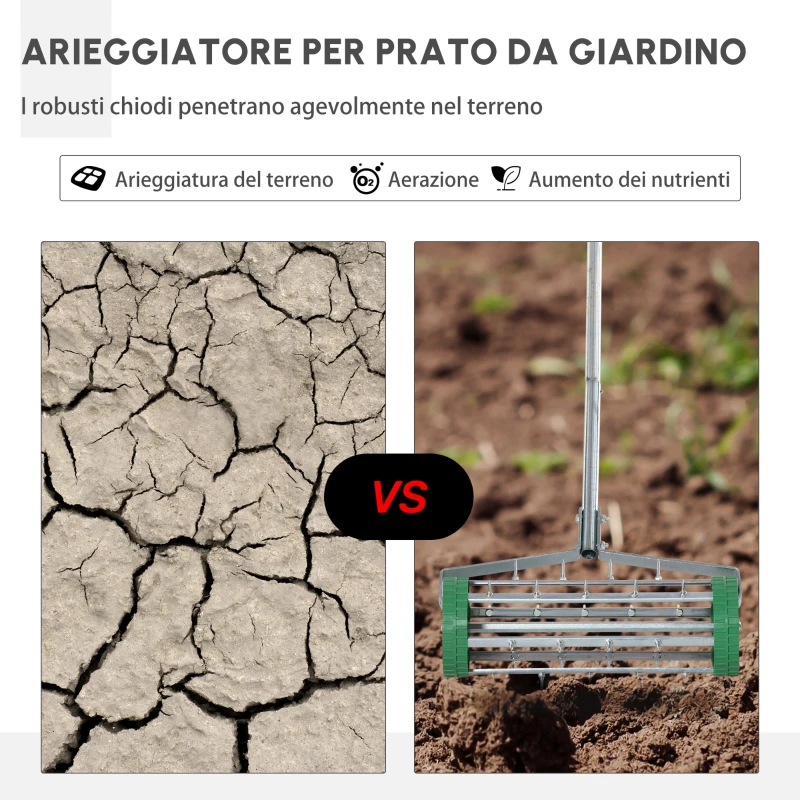 Outsunny Rastrello Scarificatore con Ruote da Giardino Ferro zincato 135×42×15cm Verde, argento