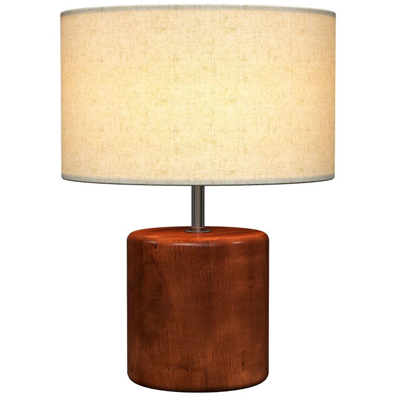 HOMCOM Rustikale Tischlampe Nachttischlampe mit Holzfuß Leinen-Lampenschirm Kippschalter Dunkel