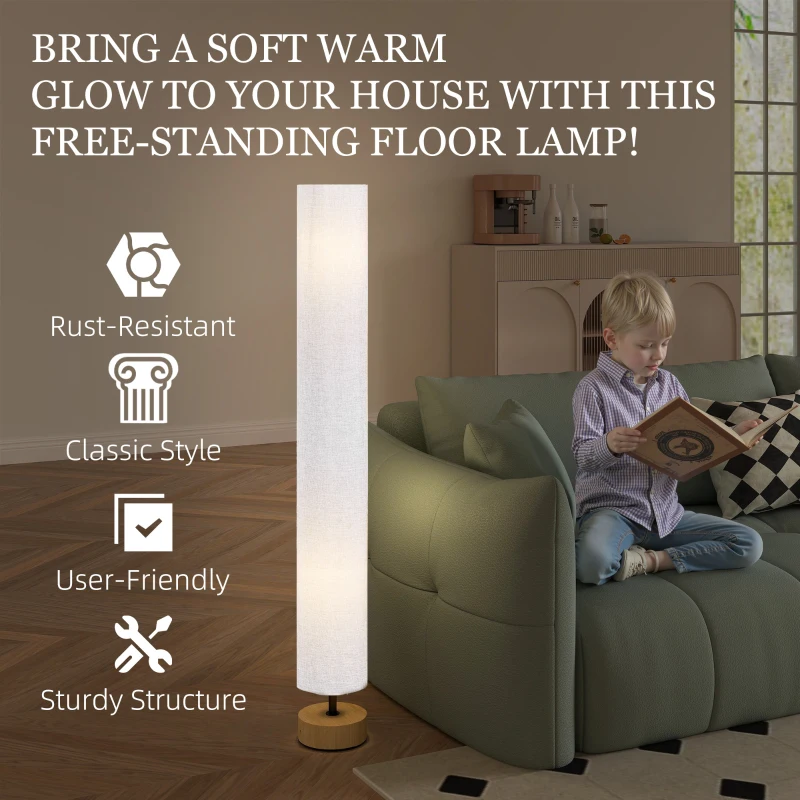 HOMCOM Floor Lamp for Living Room, 47" Modern Standing Lamp with Linen Shade, Wooden Base, Grey