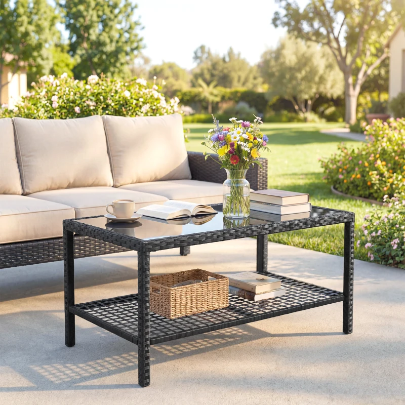 Outsunny Mesa de Jardín de Ratán Mesita Auxiliar con Estante Tablero de Vidrio Templado Estructura de Acero 92x50x45 cm Negro