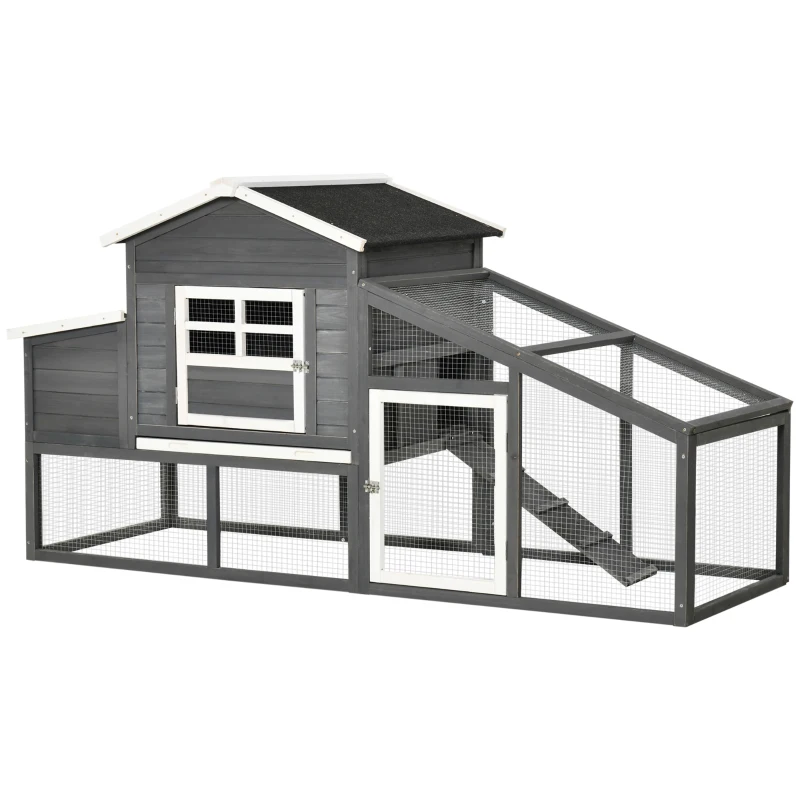 PawHut Gallinero de Madera Exterior Jaula para 2-4 Gallinas con Corral de Alambre Techos Asfálticos Nido Bandeja Extraíble y Rampa 200x80x105 cm Gris