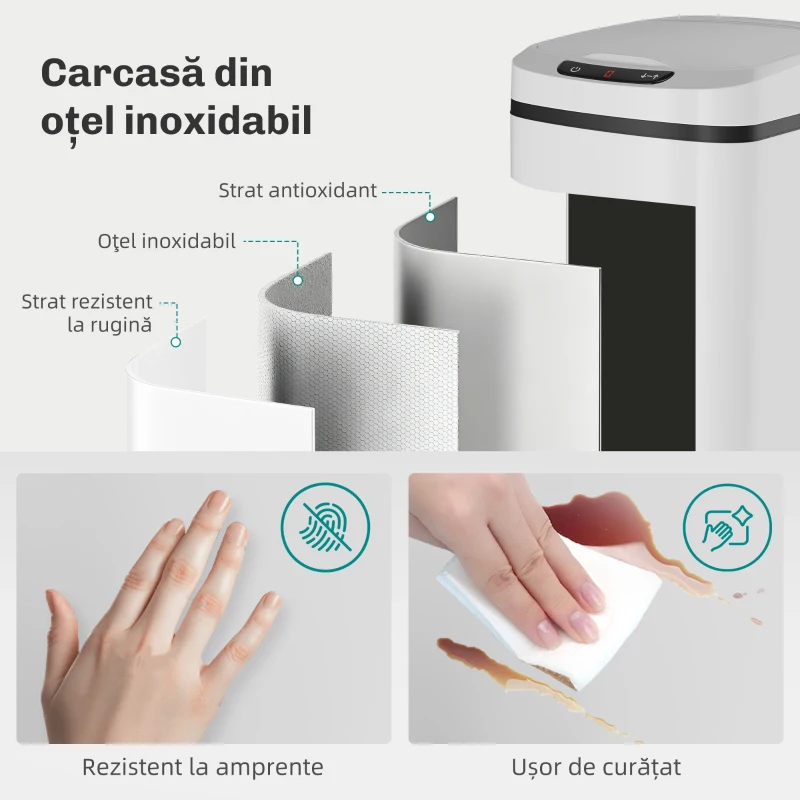 HOMCOM Coș de Gunoi cu Senzor, 12L, Buton Touch și Găleată Detașabilă, Oțel Inoxidabil, ABS și PP, 28x22x41 cm, Alb