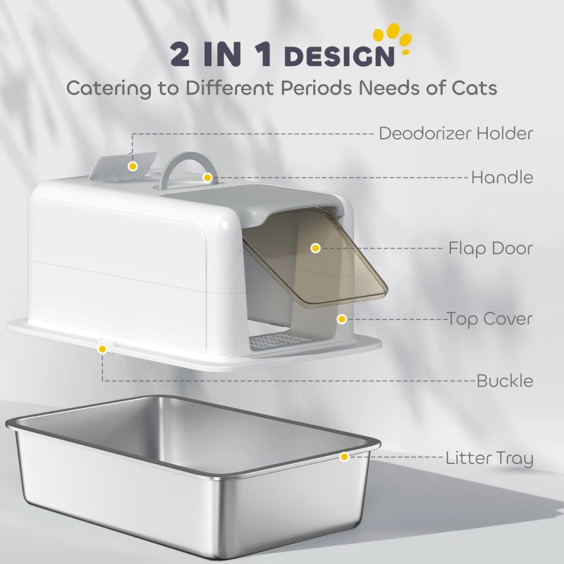 PawHut Stainless Steel Cat Litter Box with Removable Lid, Scoop, Filter Bags, for Large Cats, White
