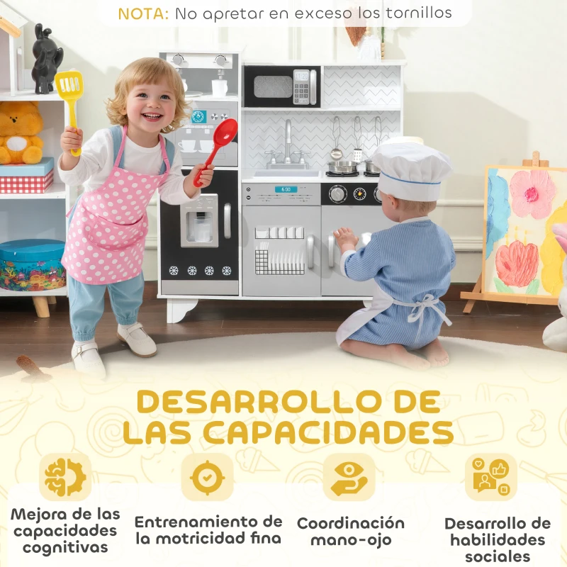 AIYAPLAY Cuisinette en bois avec son Accessoires en acier inoxydable pour enfants à partir de 3 ans Blanc