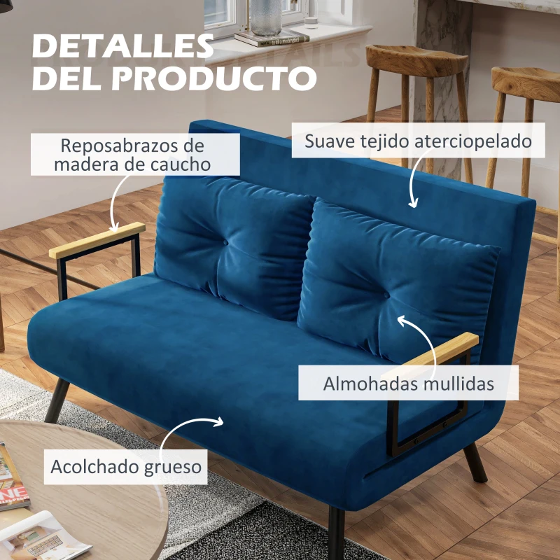 HOMCOM Sofá Cama Convertible 4 en 1 Sillón Cama 2 Plazas Plegable Respaldo Ajustable de 5 Niveles Almohadas 102x73x81 cm Azul