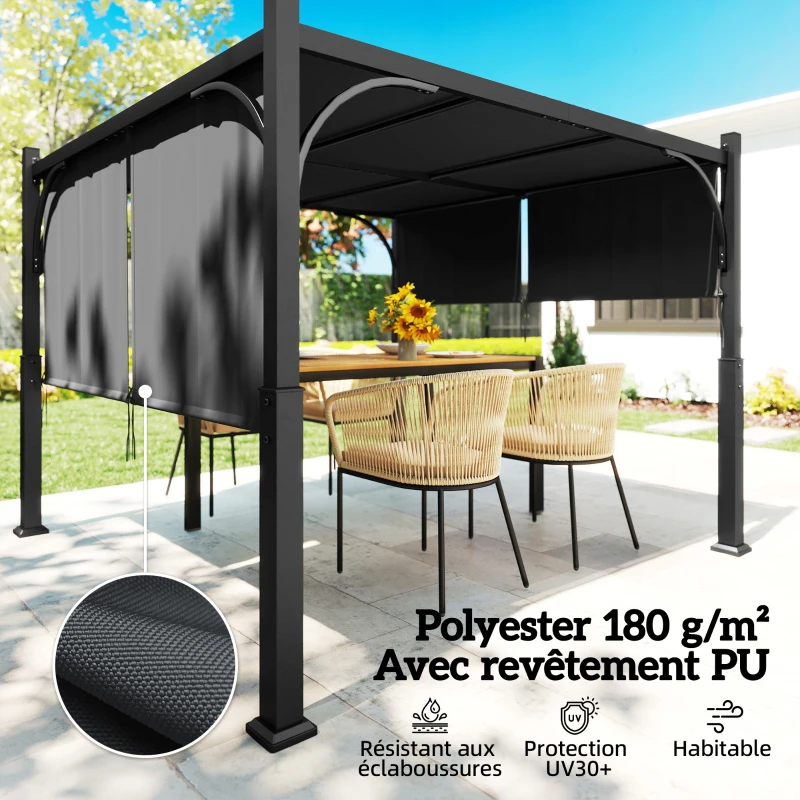 Outsunny Pergola de jardin 3 x 3 m tonnelle de jardin avec Auvent coulissant, structure métallique, pour extérieur, Gris Foncé