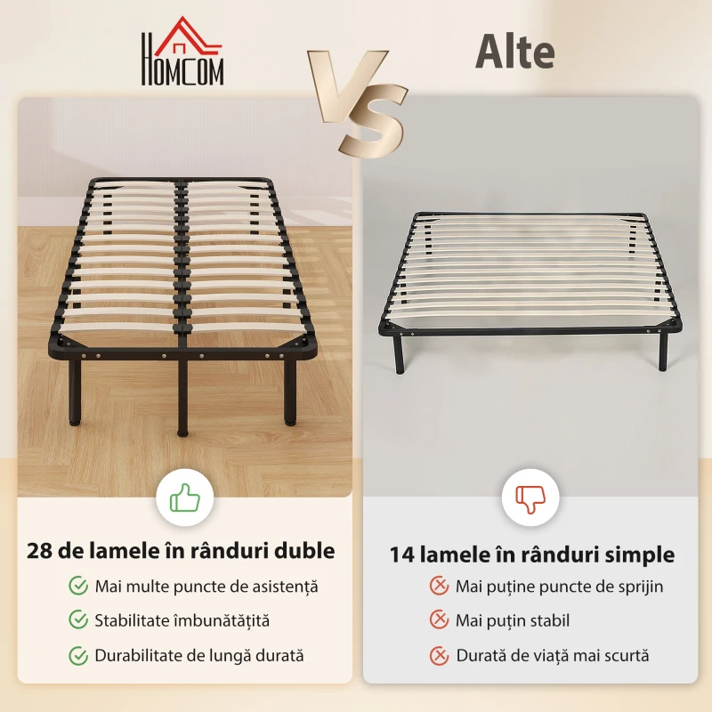 HOMCOM Bază de Pat Industrială cu 28 de Lamele și Spațiu de Depozitare, din Lemn și Oțel, 190x90x31 cm, Negru și Lemn