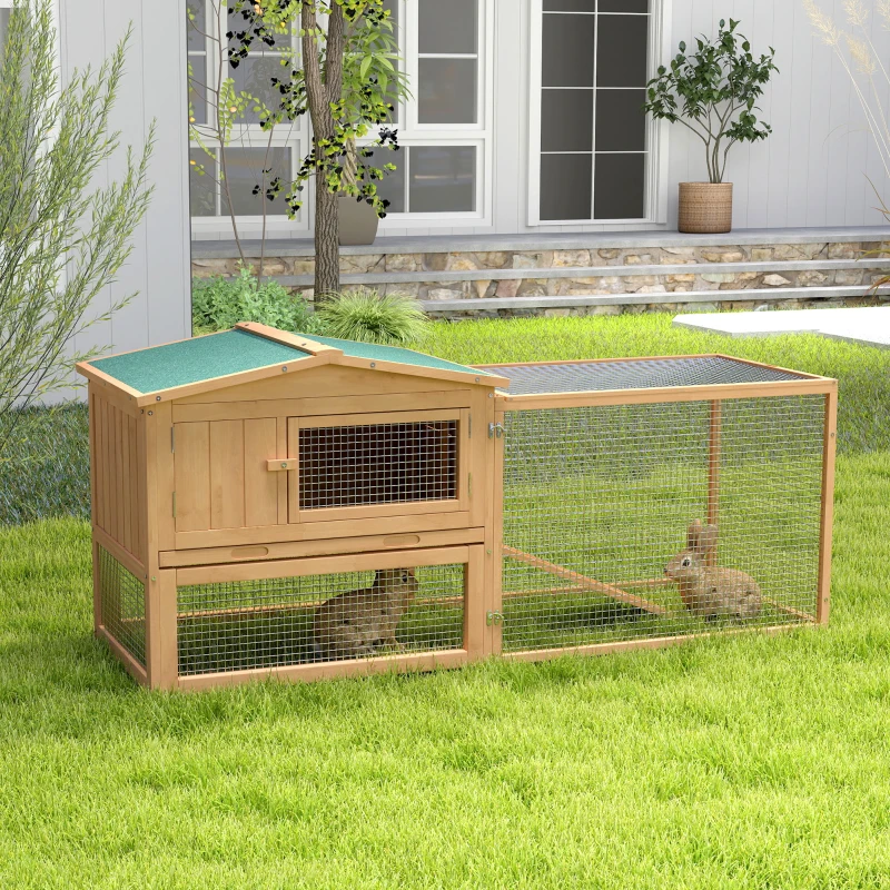 PawHut Clapier cage à lapins rongeurs 2 étages tiroir déjection enclos extérieur amovible toit ouvrant 158L x 58l x 68H cm bois massif pin