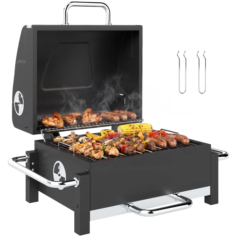 Outsunny Grătar Pe Cărbuni cu Orificii de Ventilație, Sertar pentru Cenușă, Grătar Portabil cu Termometru, Grătare, Capac, Mâner din Oțel Inoxidabil, BBQ pe Cărbuni pentru Grădină Camping, Negru