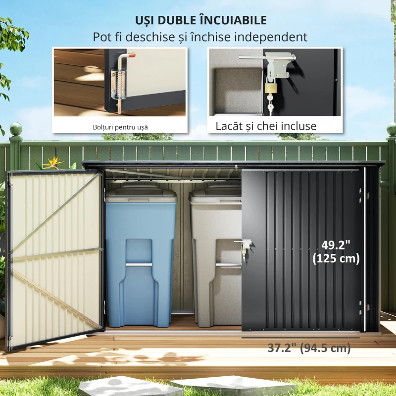 Outsunny Cutie Depozitare Pubele pentru 3 Recipiente de 240L cu 2 Uși și Încuietori, 233x105x118,5/133 cm, Gri(m-5)