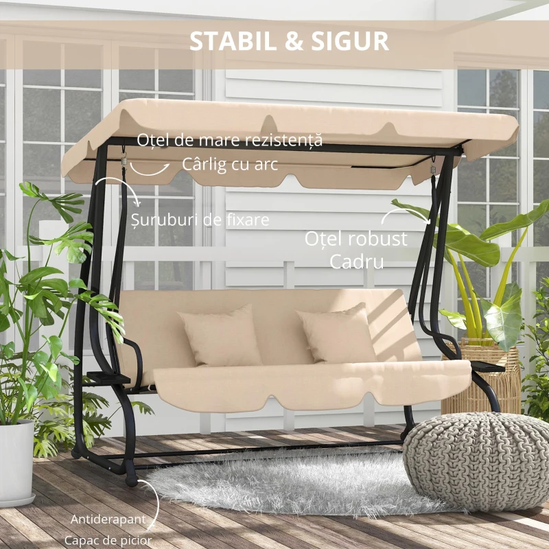 Outsunny Balansoar de Gradina cu 3 Locuri, Convertibil in Balansoar, cu Acoperis Reglabil si 2 Suporturi pentru Pahare