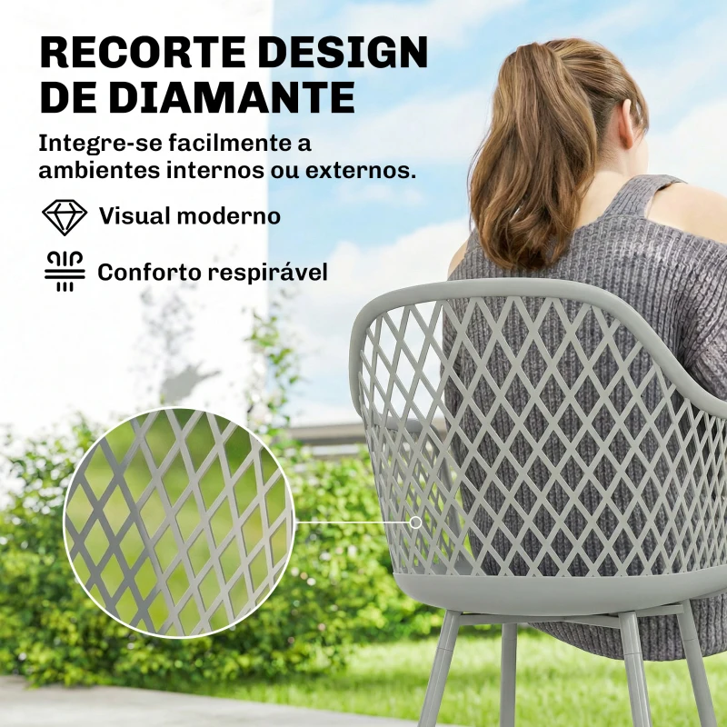 Outsunny Conjunto de 4 Cadeiras de Jardim Exterior em PP com Encosto Diamante  Apoios de Braços e Pés Metálicos 6x51x84 cm Cinzento