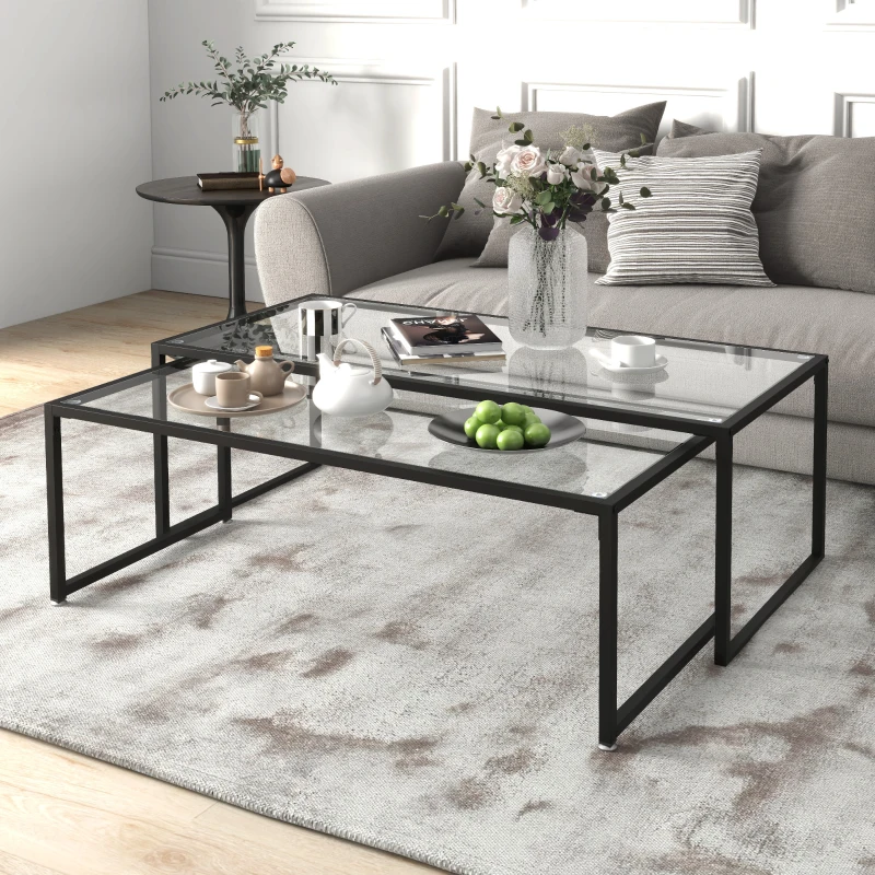 HOMCOM Lot de 2 tables basses gigognes tables de salon rectangulaires design en acier noir et plateaux en verre trempé
