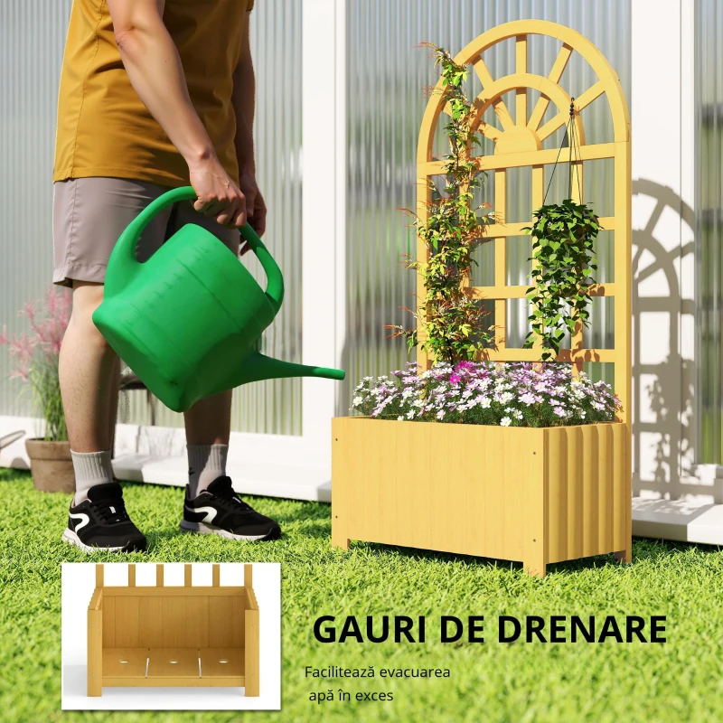 Outsunny Jardinieră cu spalier din lemn cu drenaj pentru cultivare legume, flori, ierburi aromatice 60x30x120 cm natural