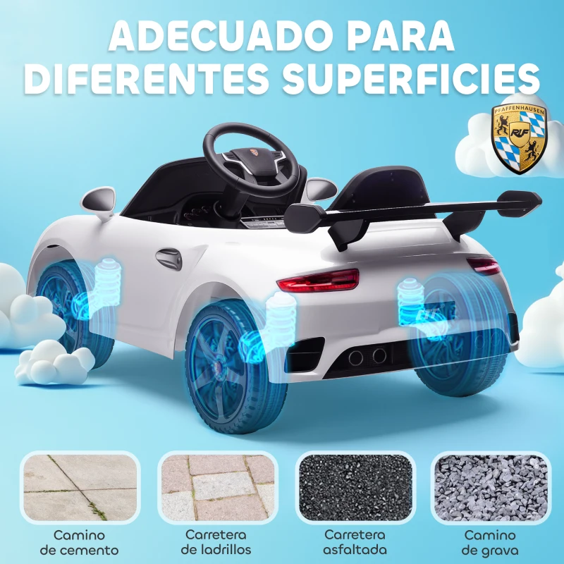 AIYAPLAY Coche Eléctrico para Niños con Licencia RUF CTR 3 Clubsport Mando a Distancia Motor Doble Ruedas Auxiliares Blanco